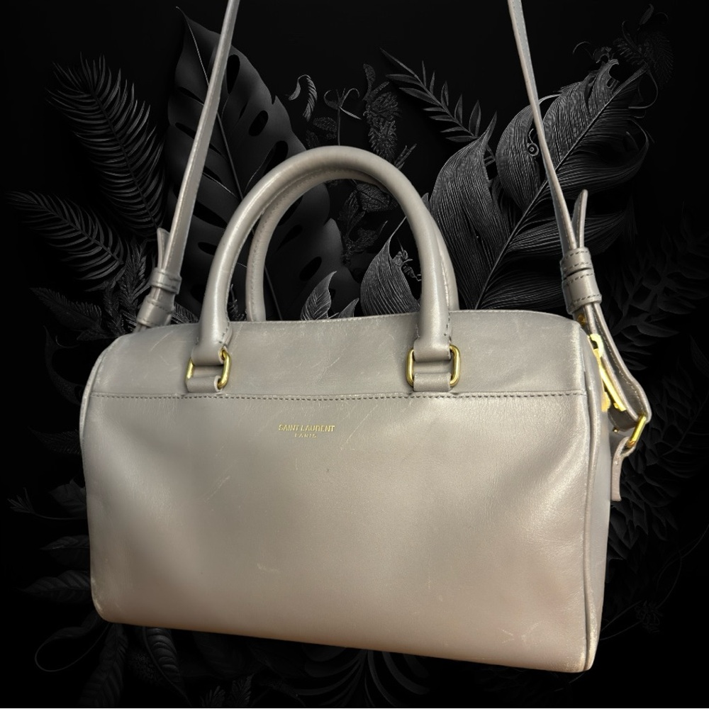 Saint Laurent Grey Leather Baby Duffle with Crossbody Strap- worn condition
